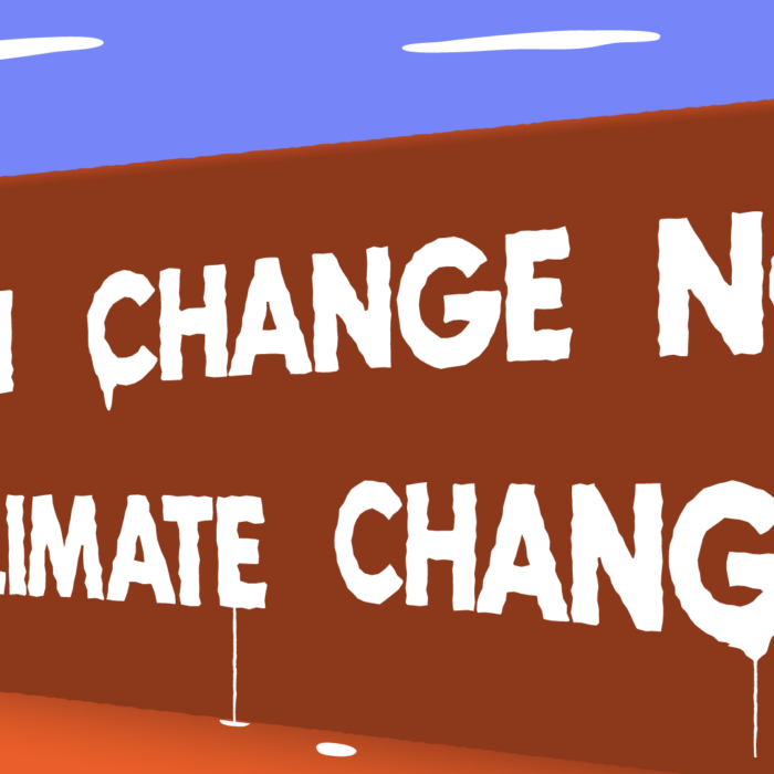 Op een muur zijn de woorden Human change not climate change! geverfd. We zien een persoon met een ladder en verf tegen de muur aanstaan